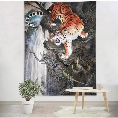 Animal Dragon Tiger Tapestry Chinese Style Printed for Home Decorative Hippie Wall Hanging Tapestries Yoga Mat Carpet Blanket