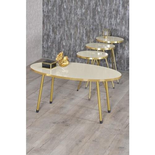Zigon Coffee Table And Coffee Table in the Middle Ellipse Gold Metal Toe Gold Cream Set