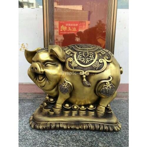17'' classical brass copper cornucopia treasure pig saving pot money box statue