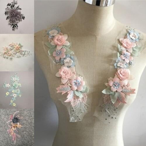 3D Flower Lace Collar Embroidery Tulle Sewing Lace Beaded Neckline Accessories DIY Craft Applique Clothing Wedding Dress Decor