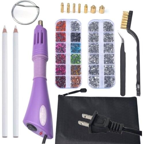 Hotfix Applicator Tool Kit DIY Hot Fix Rhinestones with 7 Tips Support Stand Tweezers Cleaning Brush Wax Pencils Kit E56A