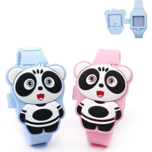 Kids Watches Children Cute Panda Cartoon LED Electronic Watch Flip Cover Rubber Watch Boys Girls Silicone Toy Wrist Watch Gifts
