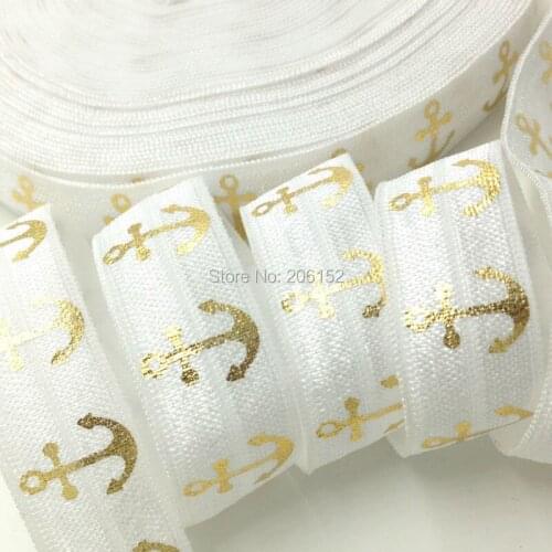 White Gold Foil Anchor Print Fold Over Elastic for Hair Accessories 5/8" Anchor FOE for DIY Headwear 10Yards/lot