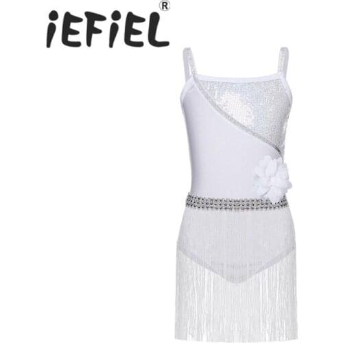 IEFiEL Kids Children Girls Shiny Elastic Shoulder Straps Sequined Latin Rumba Salsa Tango Dance Dancewear Gymnastics Leotard