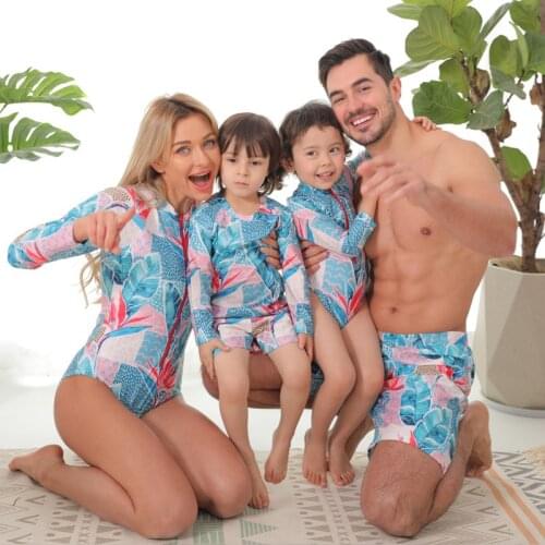 2021 Family Matching Swimsuit Women Leaf Mother Daughter Kid Boy Girl Child Swimwear Men Trunks Long Sleeve Bathing Swim Suit