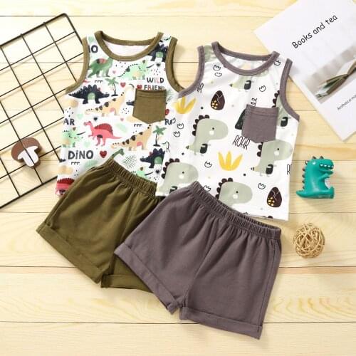 2Pcs Baby Boys Girl Clothes Set Summer Costume Baby Cartoon Dinosaur Print Sleeveless Vest+Shorts Set Infant Clothes