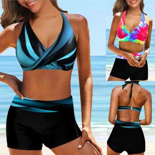 Women Split Swimsuit Summer Two Piece Strip Printed Tankini Beach Swimwear Bathing Suit Padded Swimdress 2021 Plus Size XXL