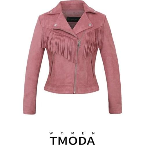 TMODA250 2021 Spring Autumn New Women Soft Suede Faux Leather Jacket Lady Fall Tassel Coat Biker Pink Matte Zippers Outerwear
