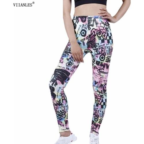 VIIANLES Workout Sporting Elastic Breathable Fitness Leggings Color Letter Graffiti Printing Outdoor Sportswear Skinny Leggins