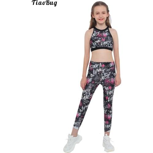 TiaoBug Summer 2Pcs Kids Girls Yoga Sport Suit Halter Neck Sleeveless Open Back Crop Top Pants Set For Running Gym Yoga Fitness