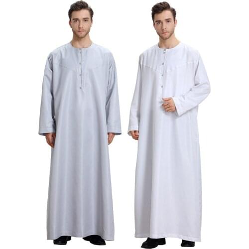 BianFeng Mens Long sleeve Muslim Hui Abaya New Ramadan Kaftan Dubai Embroidered Jubba Thobe Button Closure Solid Robe