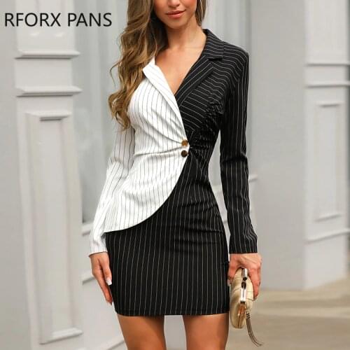 Contrast Color Striped Insert Blazer Office Look Notched Neck Work Dresses