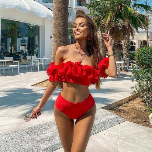 2021 Sexy Double Ruffle Bikinis Women Swimsuit Red High Waist Swimwear Off The Shoulder Bathing Suit Beachwear Bandeau Biquini