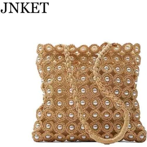 JNKET New Beach Straw Bag Inlaid with Pearls Crossbody Bags Straw Bag Shoulder Bags Handmade Fashion Weave Tote Shopping Bag