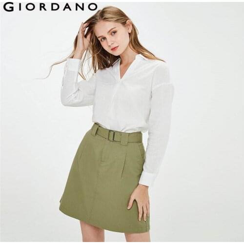 Giordano Women Shirts Linen Cotton V-neck Turn Down Collar Blouse Long Sleeves Curved Hem Banel Cuffs Chemisier Femme 05341483