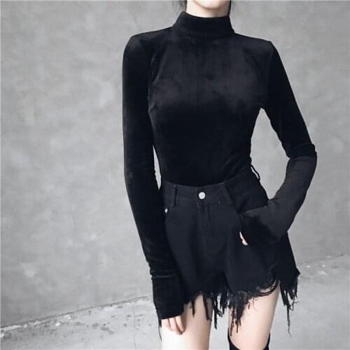 Ruibbit New Autumn Winter Gothic Punk Women Black T-Shirts Top Sexy velvet Bodycon Solid Long Sleeve Party Pullover Shirts
