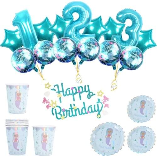 Mermaid Party Blue Silver Tablecloth Balloon Headband Combination Children Party Tableware Plate Cup Birthday Mermaid Tableware