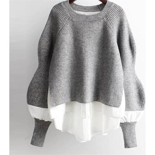 Warm Sweaters Oversize Korean Knitted Womens Sweater 2021 Spring Patchwork Ruffle Lantern Sleeve Female Pullover Plus Size 4Xl
