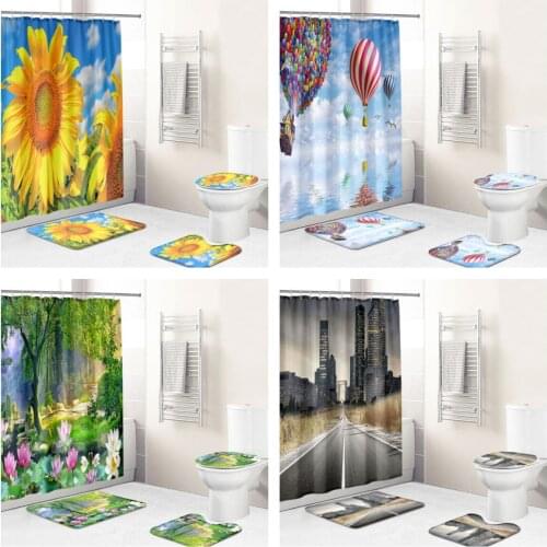 3D Plant City Landscape Waterproof Fabric Bathroom Accessories Bath Curtain Cover Anti Slip Carpet Bathroom Cover Bath Mat