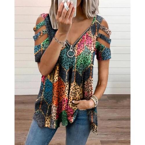 2021 Summer Daily Wear Women Casual V Neck Leopard Printed Patchwork Short Sleeve Tops Fashion Ladies Black T-Shirts Streetwear