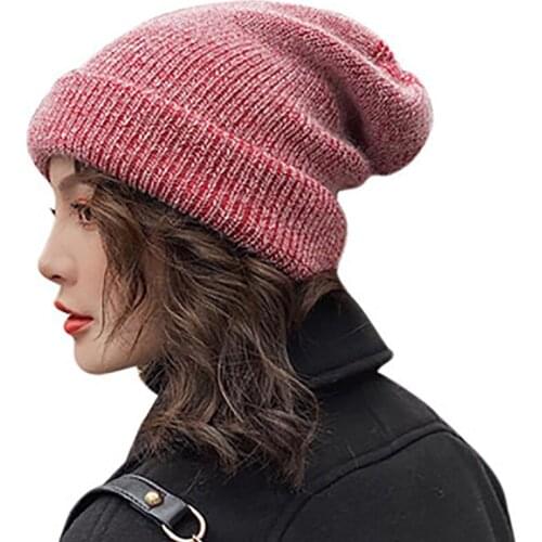 WeMe 2019 Simple Style Rabbit fur Beanie Hat for Women Winter Warm Knitted Hat Female Cap