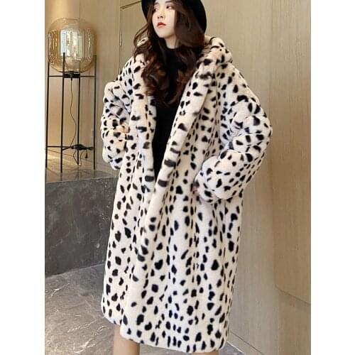 Winter Coat Women 2020 New Leopard Hooded Faux Rabbit Fur Jacket Warm Thick Fashion Loose Plush Ladies Coat Long Jacket Women