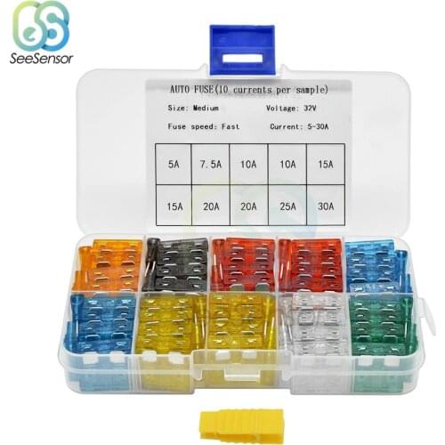 100Pcs Medium Car Fuses 5A 7.5A 10A 15A 20A 25A 30A Amp Auto Blade Fuse Set with Box Clip Assortment
