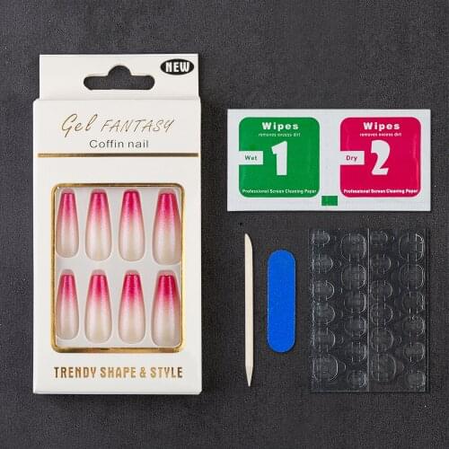 24pcs Fake Nails with Jelly Stickers French Ballerina Red Coffin Artificial Nails Tips Press on Nail False Nails Nail Art Tool
