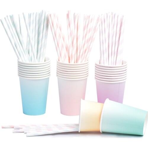 8pcs Candy Macaron Pastel Paper Plates Cups Straws Pink Blue Unicorn Kids Birthday Party Tableware Baby Shower Wedding
