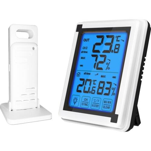 Wireless Indoor Outdoor Digital Hygrometer Thermometer Large LCD Touch Screen Weather Station Hygrothermograph with 3 Emitter