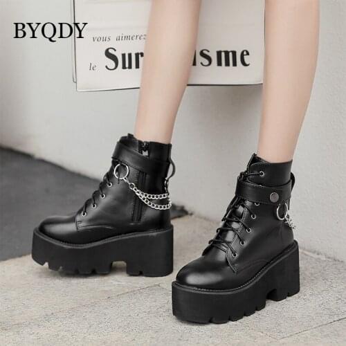 BYQDY Sexy Chain Woman Boots Fashion Patent Leather Ladies Ankle Boots High Heel Lace Up Worker Army Black Goth Shoes Autumn
