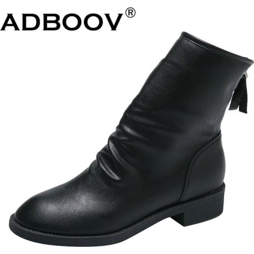 ADBOOV Fashion Ankle Boots For Women Back Zip Flat Leather Boots Black White Bottes En Cuir Femme