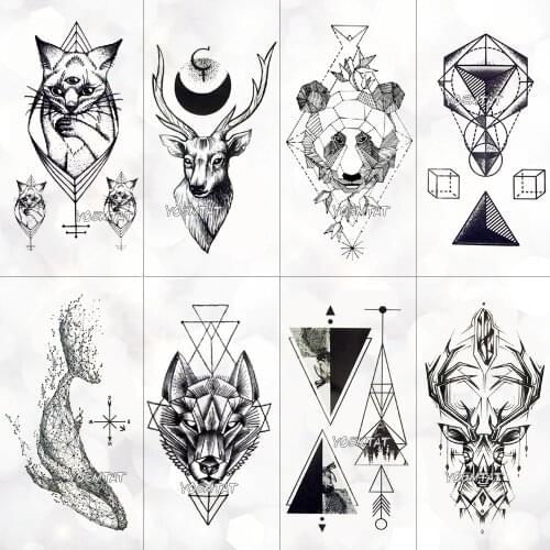 Black Geometric whale Temporary Tattoo Moon Deer Rose Tattoo Stickers Women Party Body Arm Art Fake Tattoo Leaf Men Flower Hands