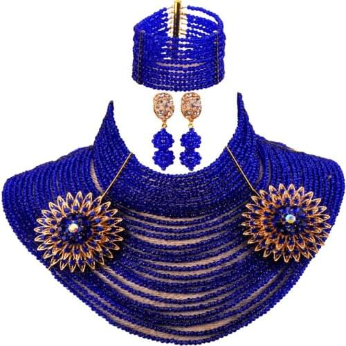 Wonderful royal blue 25 strand choker necklace costume necklace african set nigerian wedding jewelry sets