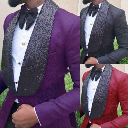 Formal Purple Jacquard Paisley Mens Suit For Weeding Tuxedo Sequined Shawl Lapel Six Color Custom Work Wear One Piece Jacket