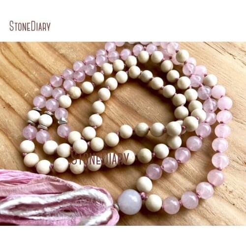 Healing Rose Quartzs Riverstone Mala Necklace Summer Fashion Heart Chakra Silk Sari Long Tassel Mala Beads Necklace NM11101