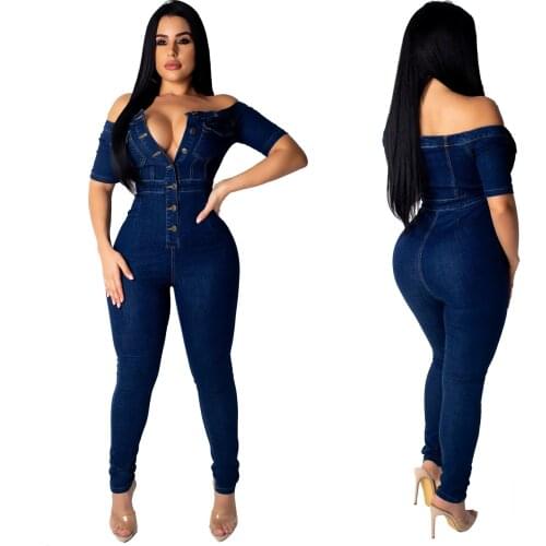 Sexy Skinny Denim Jumpsuit Women Slash Neck Button Up Fashion Bodycon Jeans Jumpsuit Female Short Sleeve Elegant Outfits S-XXL