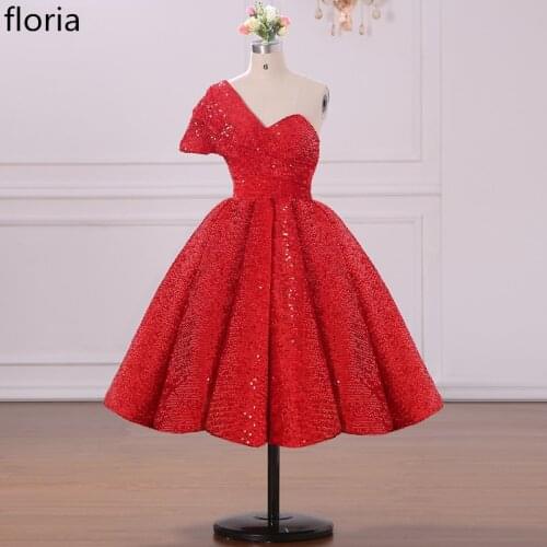 Real Pictures Red Sequin Cocktail Dress Dubai Muslim One Shoulder Prom Dress Knee-Length Lace Up Women Pageant Dress Party