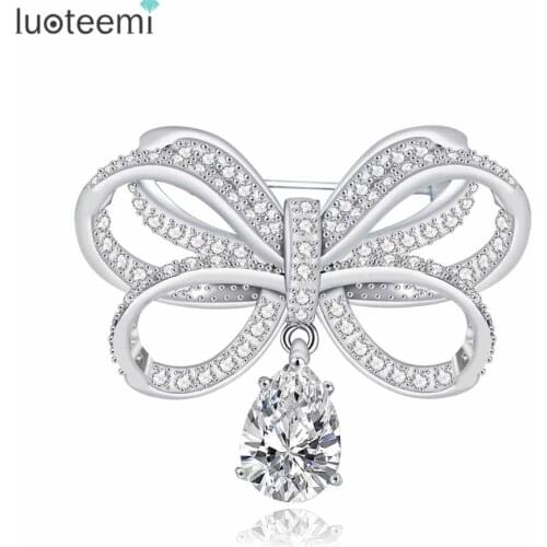 LUOTEEMI New Arrival Vintage CZ Bowknot Brooches for Women Bijoux Jewelry Fashion Bridal Dress Pins Wedding Party Accesories