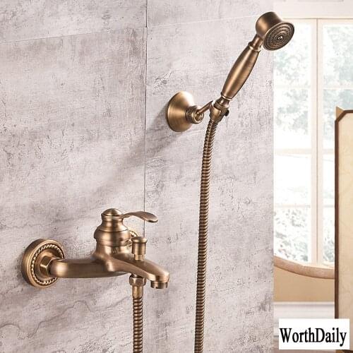 Retro European Style Copper Wall Hanging Simple Shower Faucet Bathroom Shower Faucet Brass Shower Set with Hand Shower