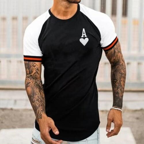 Fashion Men T-Shirts O-Neck Pullover Splicing Tops Casual T Shirt Male Plus Size Tee Poker Letter Print Short Sleeve Clothes