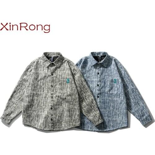 Mens shirt Japanese spring new trend art style casual long-sleeved shirt college teenager jacquard printed slim-fit denim shirt