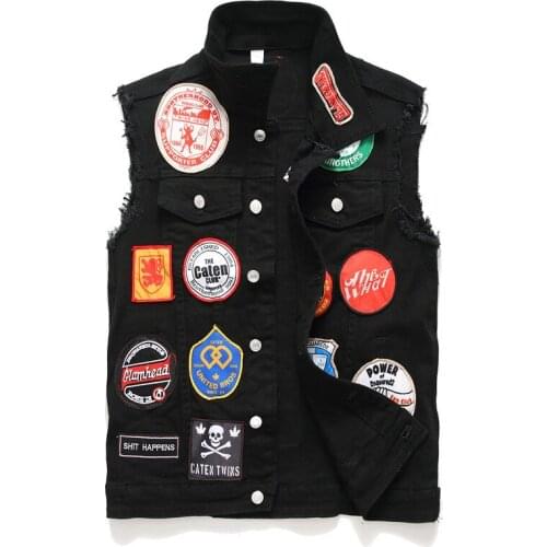 Personality Youth Embroidered Cotton Vest Badge Splicing Black Casual Denim Waistcoat Punk Trend Mens Sleeveless Jean Jackets