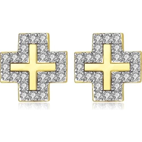 New Fashion Punk Gold Color Cross Earring Man Ied Cubic Zirconia Cross Stud Earrings Man Korean Hip Hop Male Cross Jewelry Gift