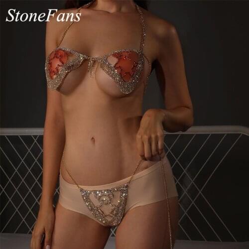 Stonefans New Cute Teddy Bear Lingerie Chain Set for Ladies Rhinestone Underwear and Panties Crystal Bra Set Belly Bikini Thong