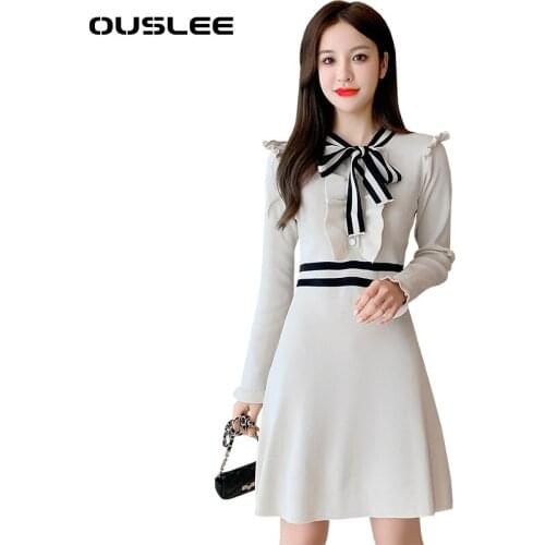 OUSLEE Sweater Dress Women Autumn Winter Elegant Long Sleeve Ruffle Knitted Dress Women Stand Collar Striped A-Line Dress Female