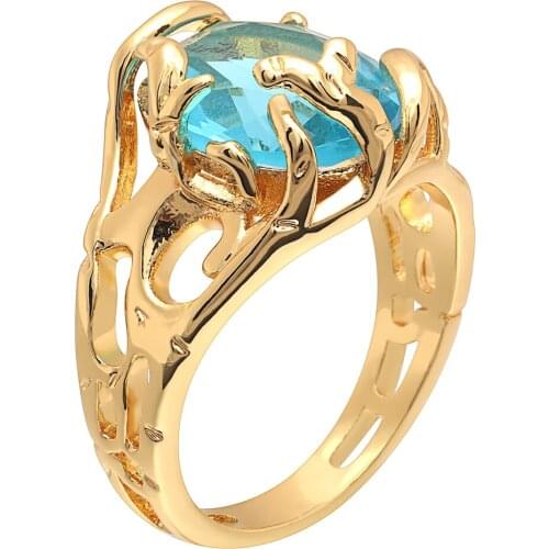 UFOORO Luxury Gold Hollow Ring Fashion Beautiful Sky Blue Crystal Round Zircon Wedding Bands Finger Ring For Women Accessories