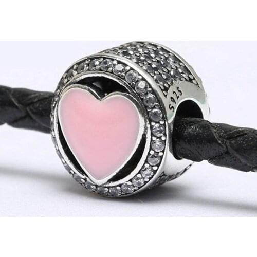 Authentic S925 Bead DIY Jewelry Wonderful Love Charms fit Lady Bracelet Bangle Pink Enamel Heart