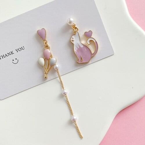 New design Cute cat balloon Asymmetrical Purple Drop Earrings for women girls elegant trendy fashion jewelry Drop Earrings
