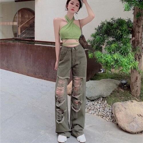China to create new womens pants personality street fashion loose high waist hole casual wide leg mop jeans spot
